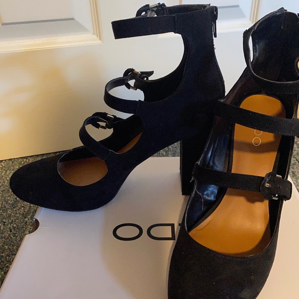 ALDO 3 strap black suede high heels